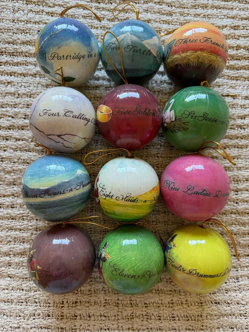 vintage set of 12 Days of Christmas tree ornaments